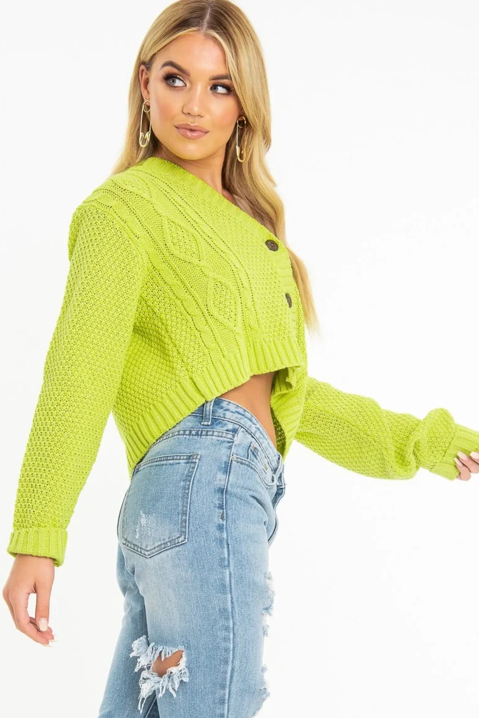 Rebellious Fashion Lime Chunky Knit Button Up Crop Cardigan - Elly