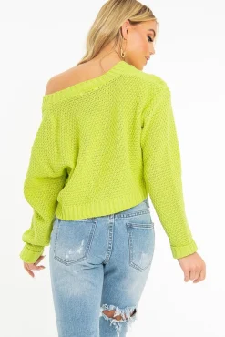 Rebellious Fashion Lime Chunky Knit Button Up Crop Cardigan - Elly