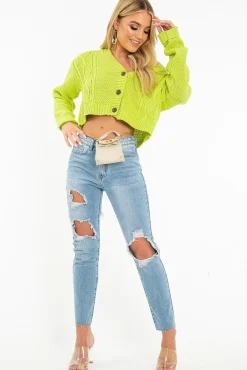Rebellious Fashion Lime Chunky Knit Button Up Crop Cardigan - Elly