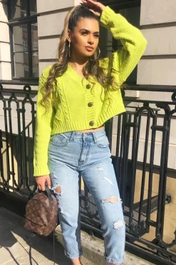 Rebellious Fashion Lime Chunky Knit Button Up Crop Cardigan - Elly