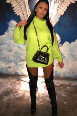 Rebellious Fashion Lime Chunky Knit Jumper Dress - Maci