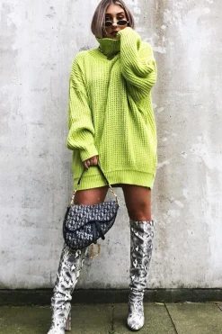Rebellious Fashion Lime Chunky Knit Jumper Dress - Maci