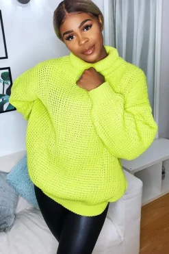 Rebellious Fashion Lime Chunky Knit Jumper Dress - Maci