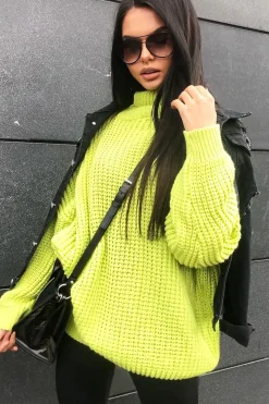 Rebellious Fashion Lime Chunky Knit Jumper Dress - Maci