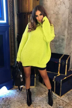 Rebellious Fashion Lime Chunky Knit Jumper Dress - Maci