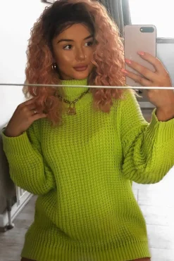Rebellious Fashion Lime Chunky Knit Jumper Dress - Maci