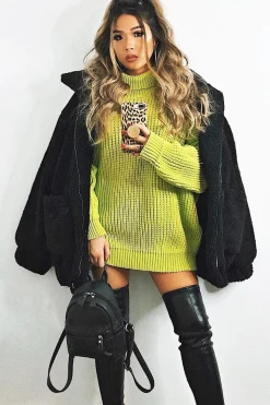 Rebellious Fashion Lime Chunky Knit Jumper Dress - Maci