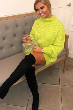 Rebellious Fashion Lime Chunky Knit Jumper Dress - Maci