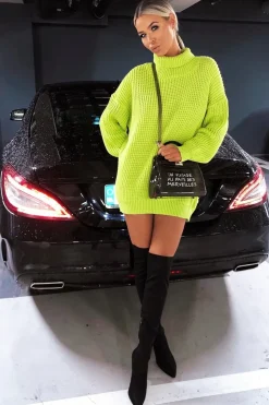 Rebellious Fashion Lime Chunky Knit Jumper Dress - Maci