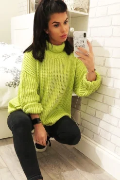 Rebellious Fashion Lime Chunky Knit Jumper Dress - Maci