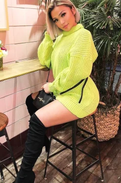 Rebellious Fashion Lime Chunky Knit Jumper Dress - Maci