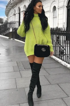 Rebellious Fashion Lime Chunky Knit Jumper Dress - Maci