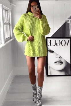 Rebellious Fashion Lime Chunky Knit Jumper Dress - Maci