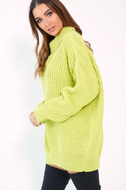 Rebellious Fashion Lime Chunky Knit Jumper Dress - Maci