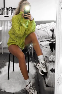 Rebellious Fashion Lime Chunky Knit Jumper Dress - Maci