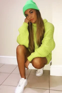 Rebellious Fashion Lime Chunky Knit Jumper Dress - Maci