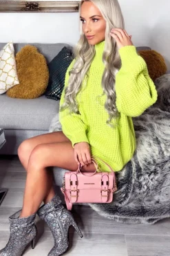 Rebellious Fashion Lime Chunky Knit Jumper Dress - Maci