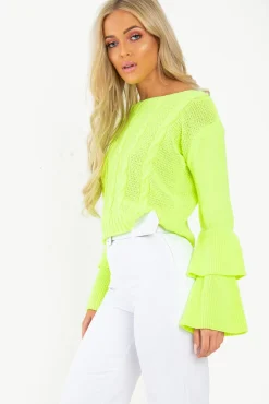Rebellious Fashion Lime Chunky Knit Sleeve Detail Jumper - Lillienne
