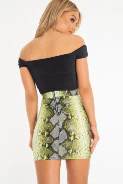 Rebellious Fashion Lime Coated Snake Print Bodycon Mini Skirt - Gigi