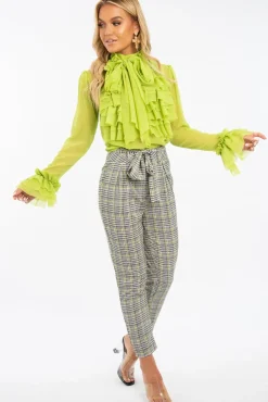 Rebellious Fashion Lime Crepe Ruffle High Neck Shirt - Honey