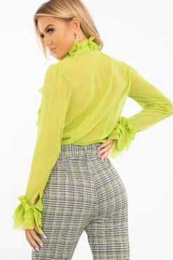 Rebellious Fashion Lime Crepe Ruffle High Neck Shirt - Honey