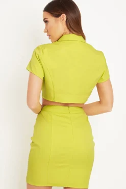 Rebellious Fashion Lime Crop Gold Button Detail Shirt Co-Ord - Kaily