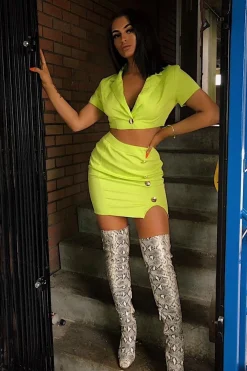 Rebellious Fashion Lime Crop Gold Button Detail Shirt Co-Ord - Kaily
