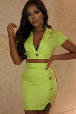 Rebellious Fashion Lime Crop Gold Button Detail Shirt Co-Ord - Kaily