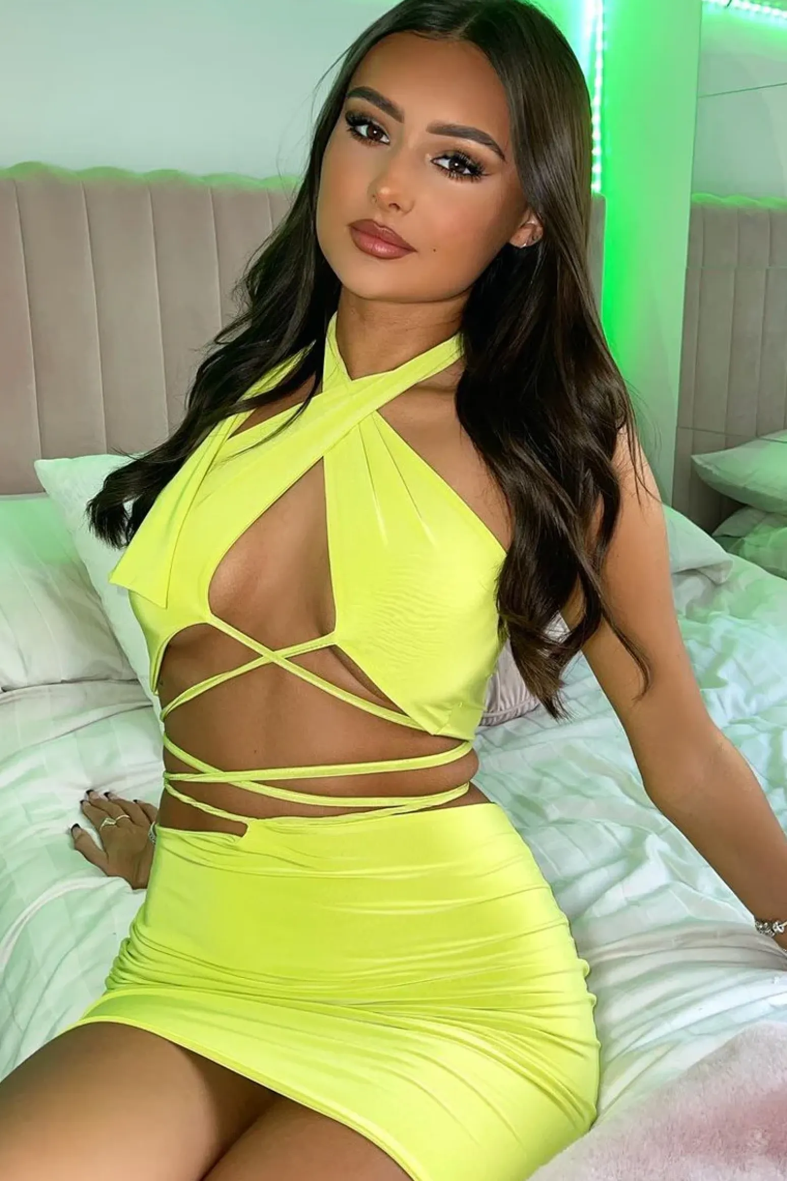 Rebellious Fashion Lime Cross Over Crop Top & Mini Skirt Set - Kenzie