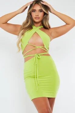 Rebellious Fashion Lime Cross Over Crop Top & Mini Skirt Set - Kenzie