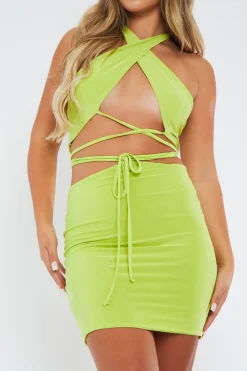 Rebellious Fashion Lime Cross Over Crop Top & Mini Skirt Set - Kenzie