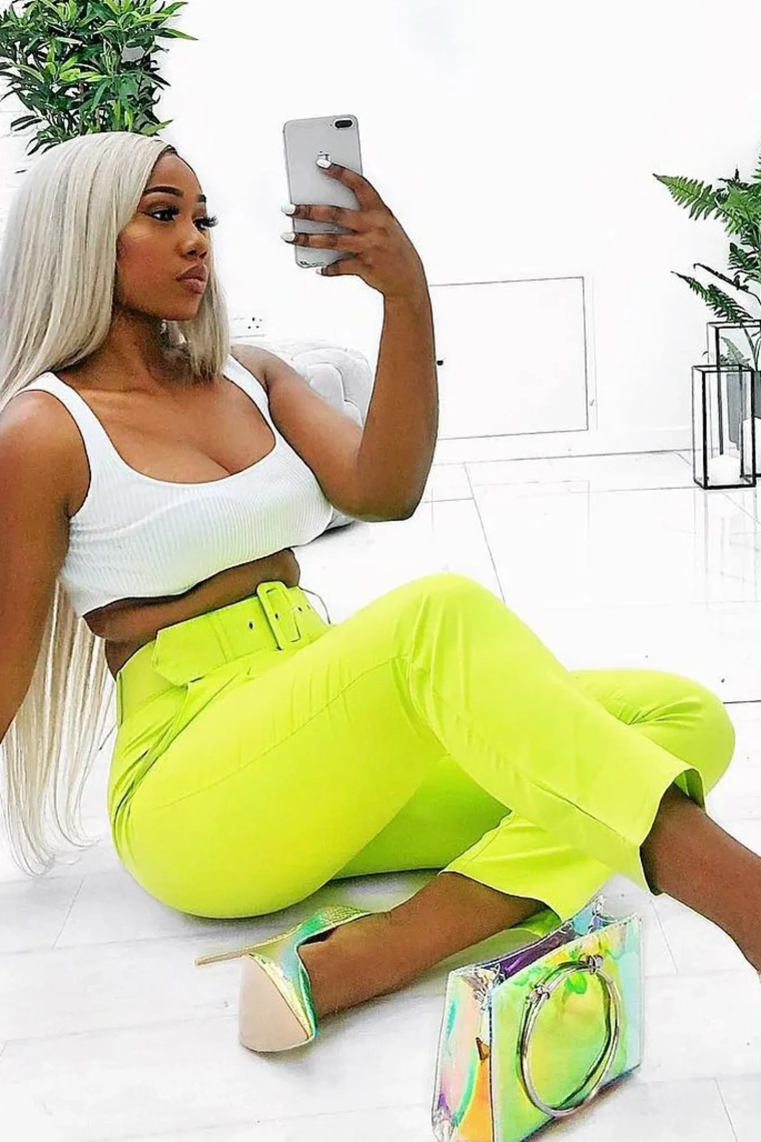 Rebellious Fashion Lime Green Belted Tapered Peg Trousers - Jessika