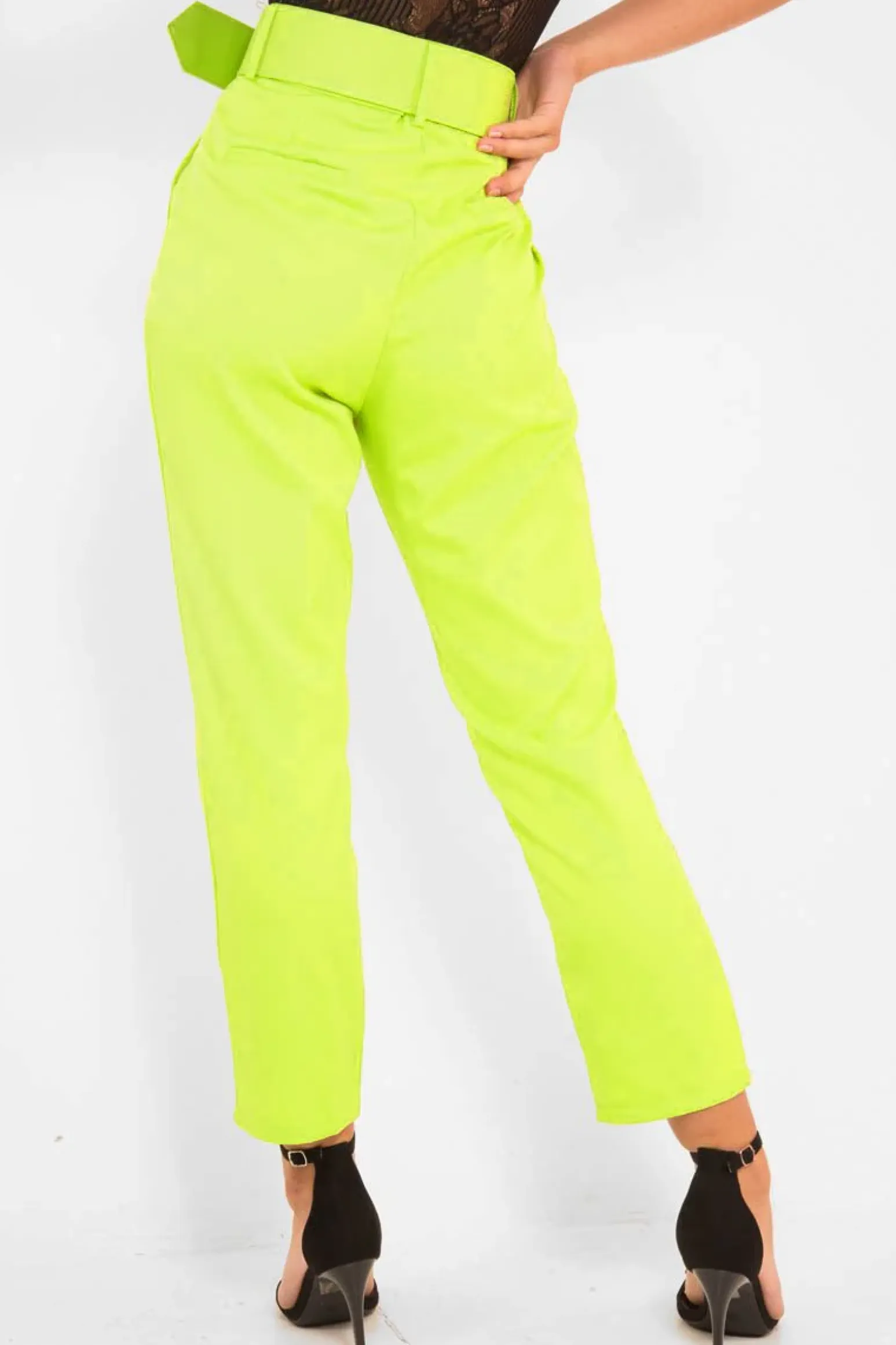Rebellious Fashion Lime Green Belted Tapered Peg Trousers - Jessika