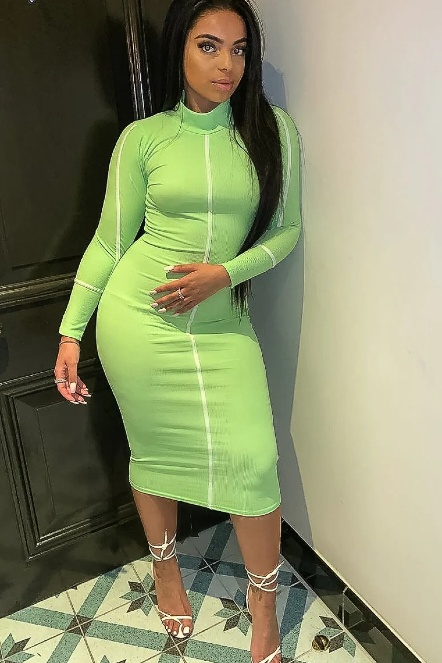 Rebellious Fashion Lime Green Contrast Stripe Detail High Neck Midi Dress - Niana