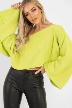 Rebellious Fashion Lime Green Cropped Batwing Jumper - Carmin