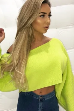 Rebellious Fashion Lime Green Cropped Batwing Jumper - Carmin