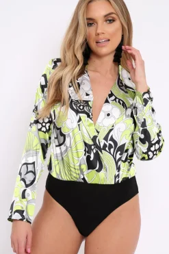 Rebellious Fashion Lime Green Floral Print Plunge Satin Bodysuit - Hetty