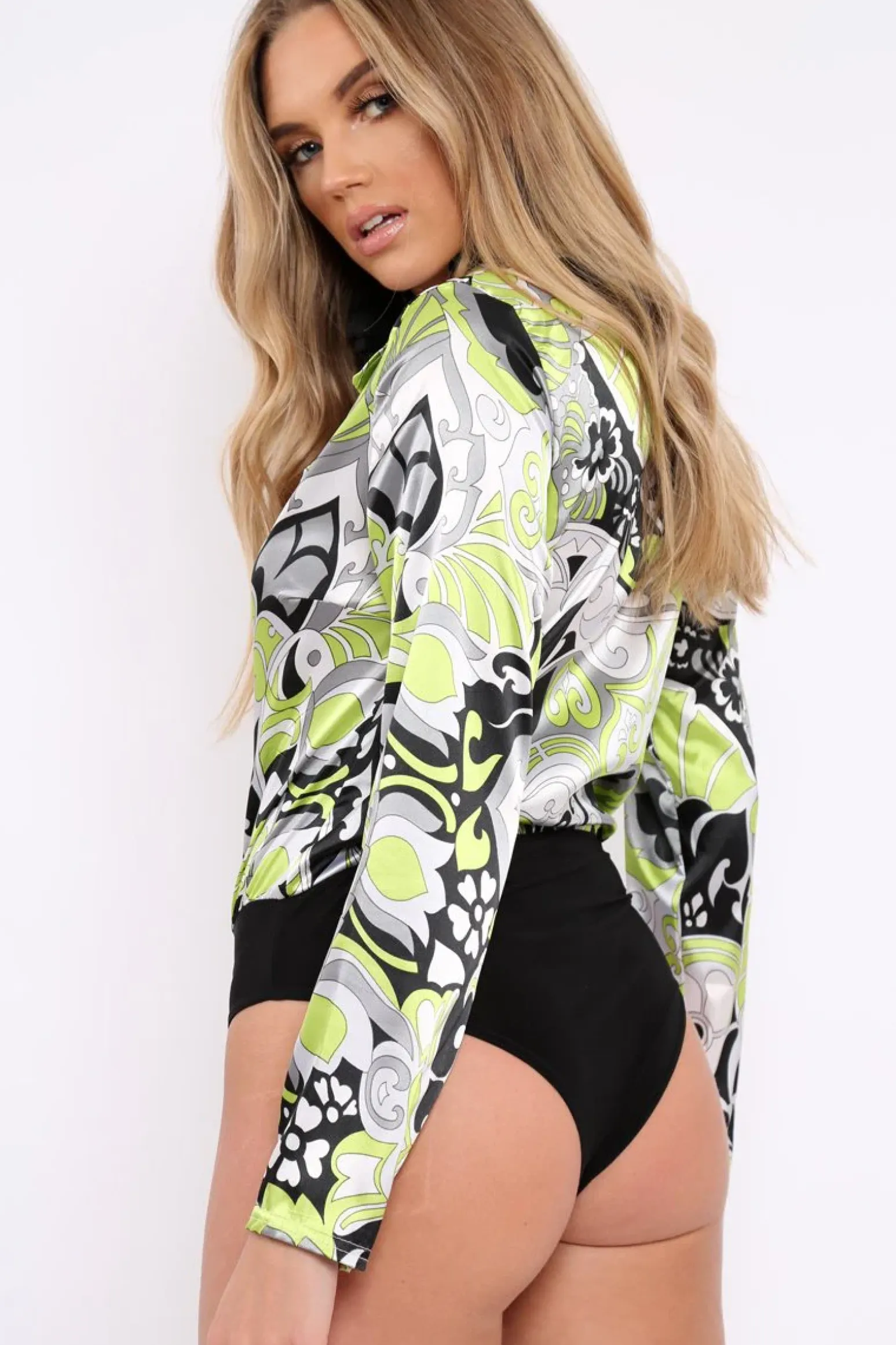 Rebellious Fashion Lime Green Floral Print Plunge Satin Bodysuit - Hetty