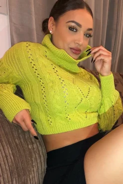 Rebellious Fashion Lime Green High Neck Cropped Cable Knit Jumper - Sandria