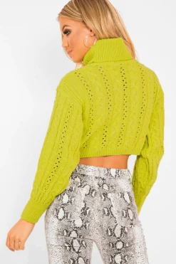 Rebellious Fashion Lime Green High Neck Cropped Cable Knit Jumper - Sandria