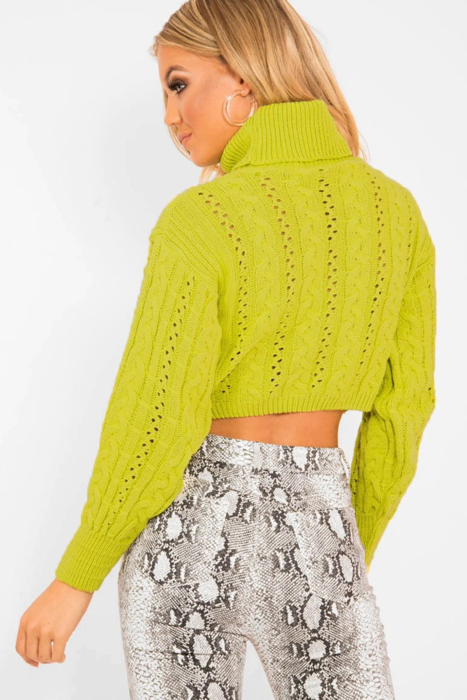 Rebellious Fashion Lime Green High Neck Cropped Cable Knit Jumper - Sandria