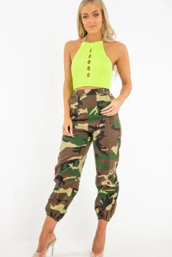 Rebellious Fashion Lime Green Knit Halterneck Button Crop Top - Penina
