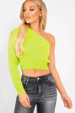 Rebellious Fashion Lime Green Knitted One Shoulder Jumper - Jayleah
