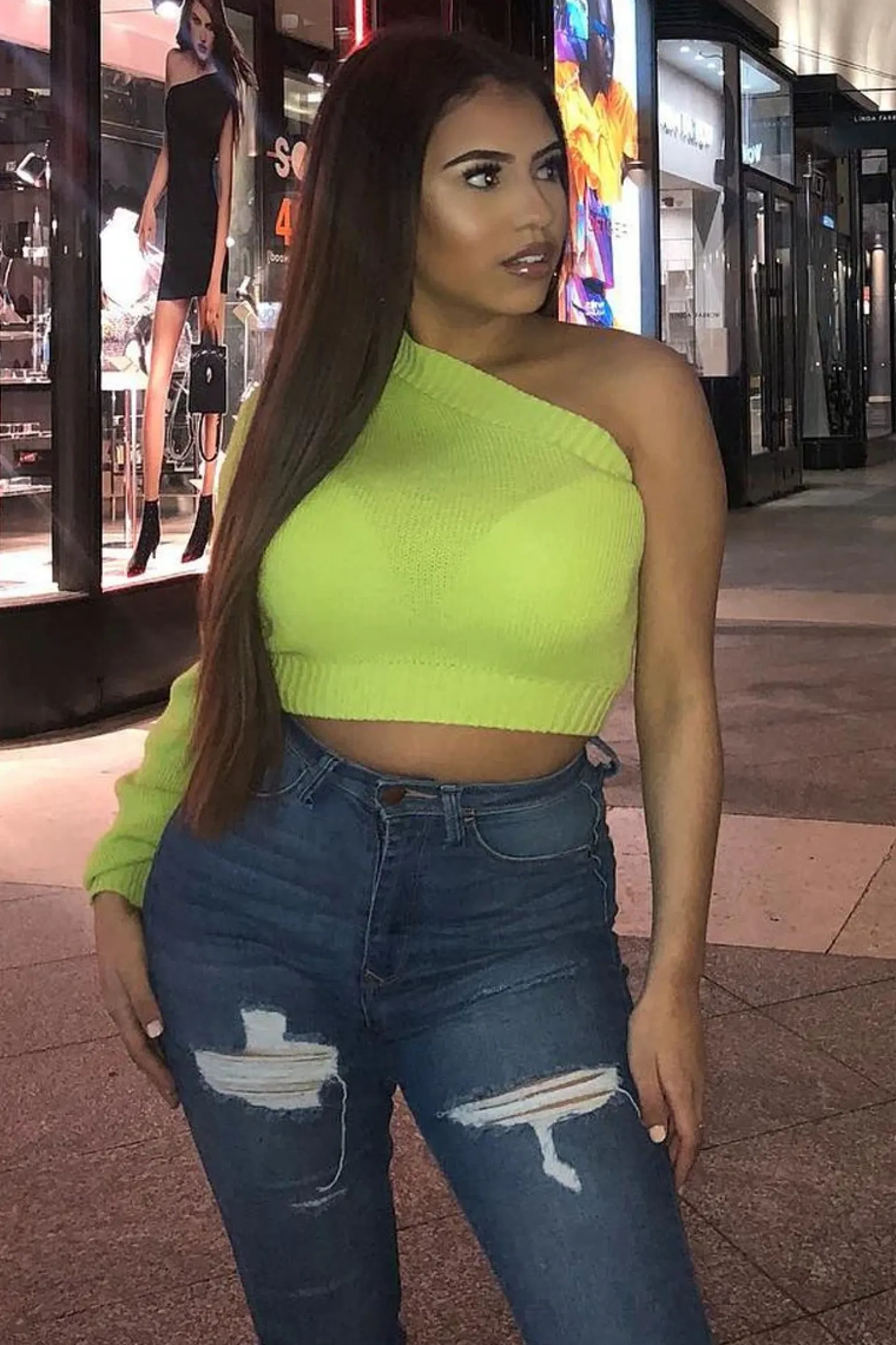 Rebellious Fashion Lime Green Knitted One Shoulder Jumper - Jayleah