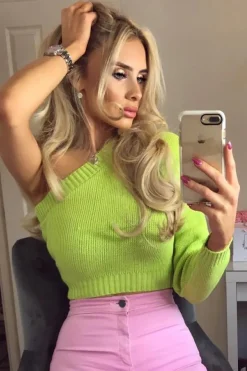 Rebellious Fashion Lime Green Knitted One Shoulder Jumper - Jayleah