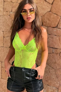 Rebellious Fashion Lime Green Lace Flower Bodysuit - Faylen