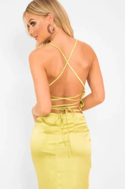 Rebellious Fashion Lime Green Satin Cowl Neck Midi Bodycon Dress - Liliana