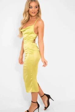 Rebellious Fashion Lime Green Satin Cowl Neck Midi Bodycon Dress - Liliana