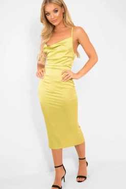 Rebellious Fashion Lime Green Satin Cowl Neck Midi Bodycon Dress - Liliana