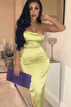 Rebellious Fashion Lime Green Satin Cowl Neck Midi Bodycon Dress - Liliana